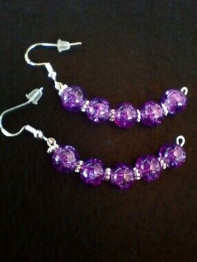 Half Hoop Purple 2 1/2" Bead Dangle Earrings - With Silver Tone - Women
